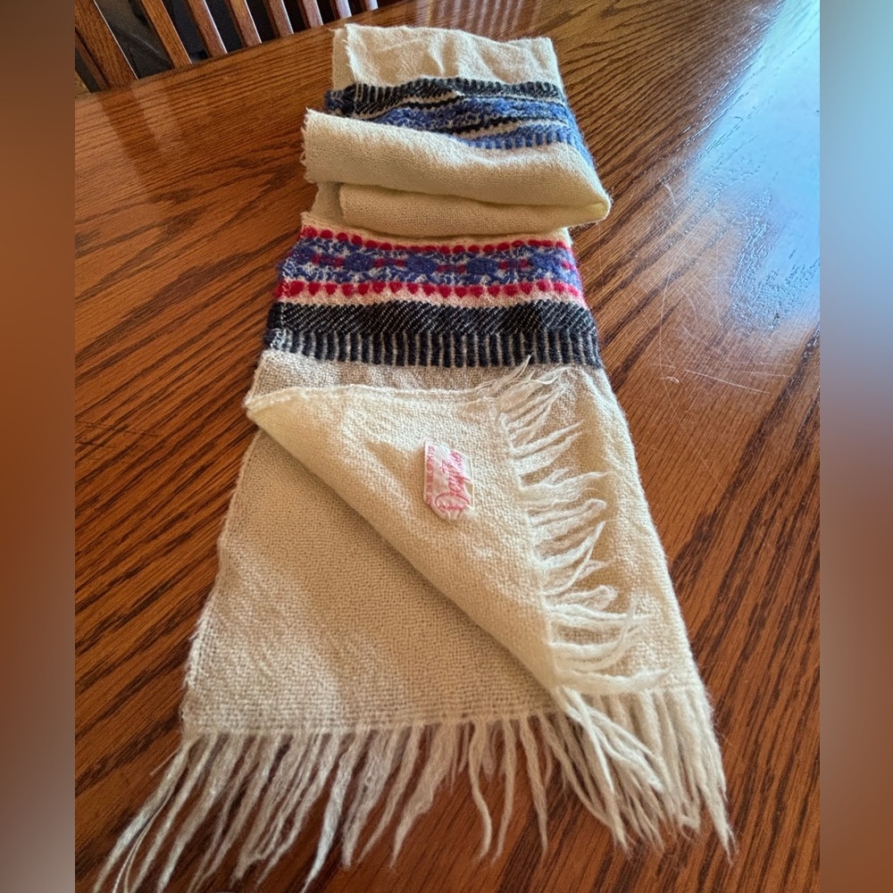 Vintage Tan Scarf with Red and Blue Stripes